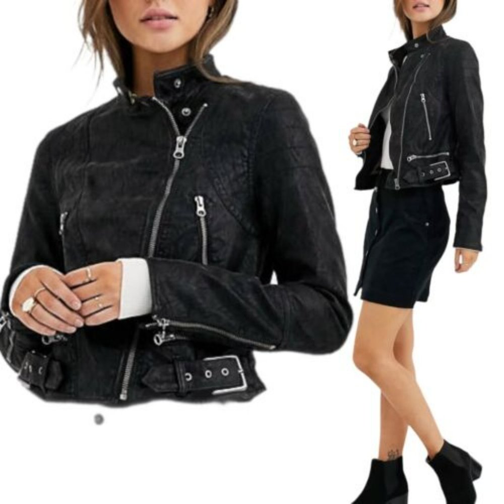 Free People Fenix Vegan Faux Leather Moto Jacket Biker Layer Buckle Zip, M
